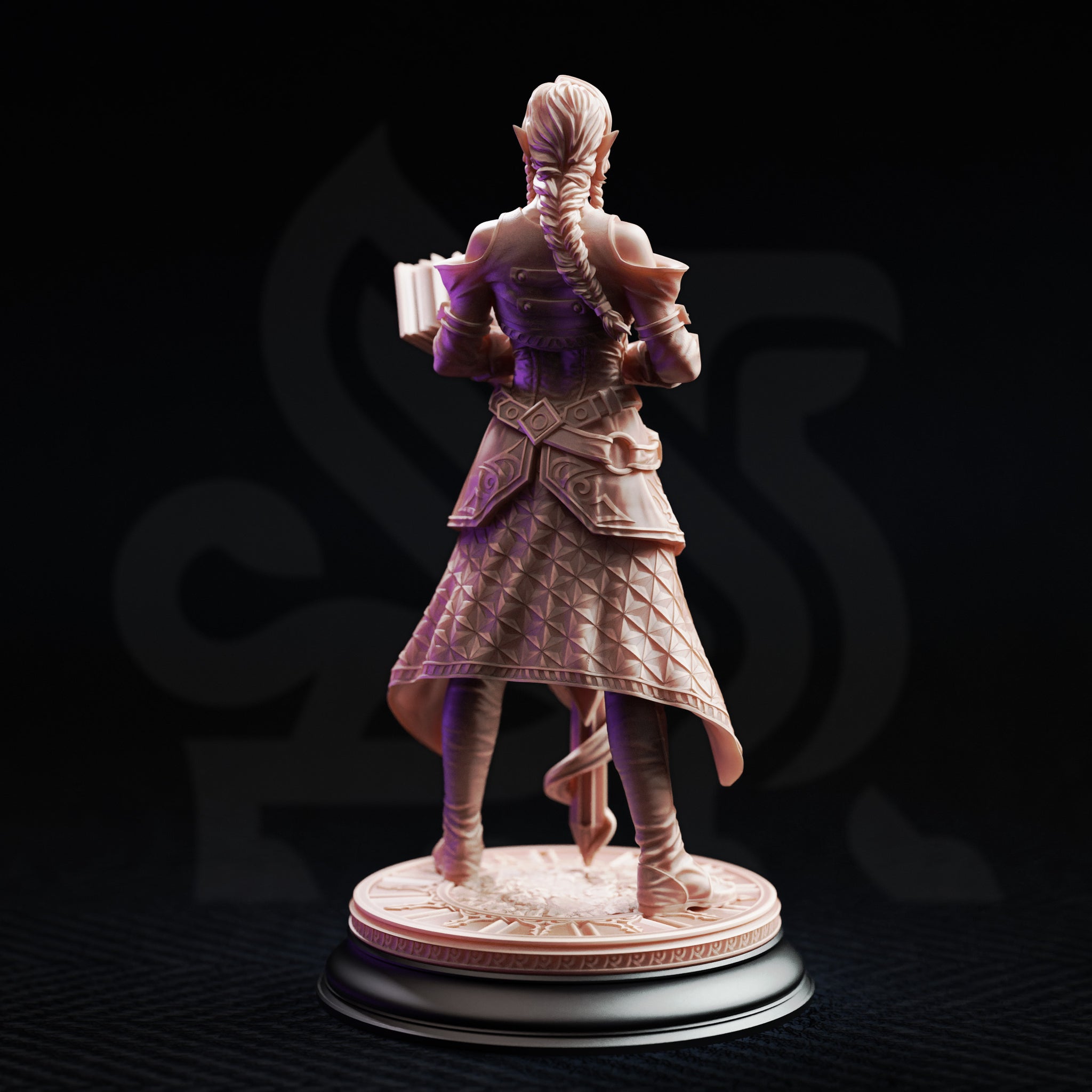 Unpainted resin miniature of Proctor Synthelia by DM Stash — rear view revealing a long detailed braid, full geometric quilting across the coat, belted armour, and the engraved runic base, demonstrating the sculpt's back detail on a black display stand