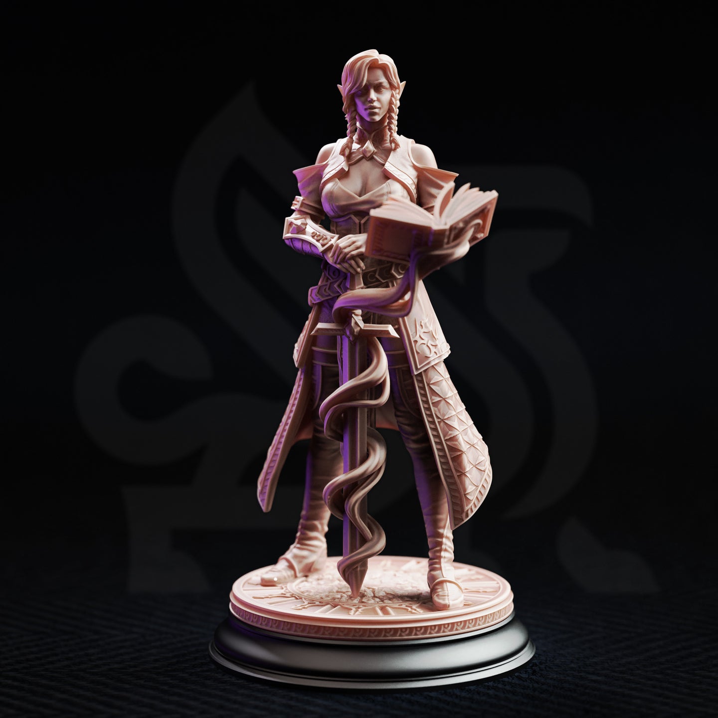 Unpainted resin miniature of Proctor Synthelia by DM Stash — front view showing braided hair, open spellbook, serpent-wrapped spellblade, fitted armour beneath a quilted coat, and a detailed runic base with arcane sigil, on a black display stand