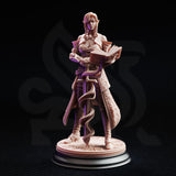 Unpainted resin miniature of Proctor Synthelia by DM Stash — front view showing braided hair, open spellbook, serpent-wrapped spellblade, fitted armour beneath a quilted coat, and a detailed runic base with arcane sigil, on a black display stand