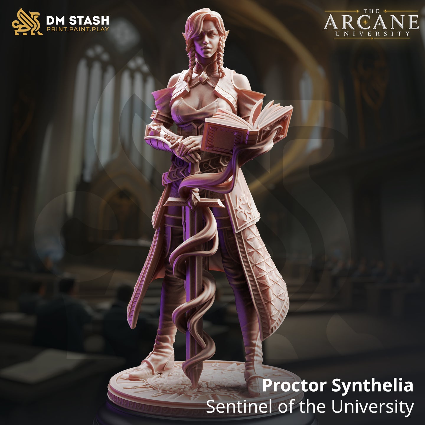 Digital render of Proctor Synthelia miniature by DM Stash — elven female scholar-guardian in a long diamond-quilted academic coat, holding an open tome, with a serpent coiling around a narrow spellblade at her side, set against a blurred arcane university hall background