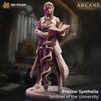 Digital render of Proctor Synthelia miniature by DM Stash — elven female scholar-guardian in a long diamond-quilted academic coat, holding an open tome, with a serpent coiling around a narrow spellblade at her side, set against a blurred arcane university hall background