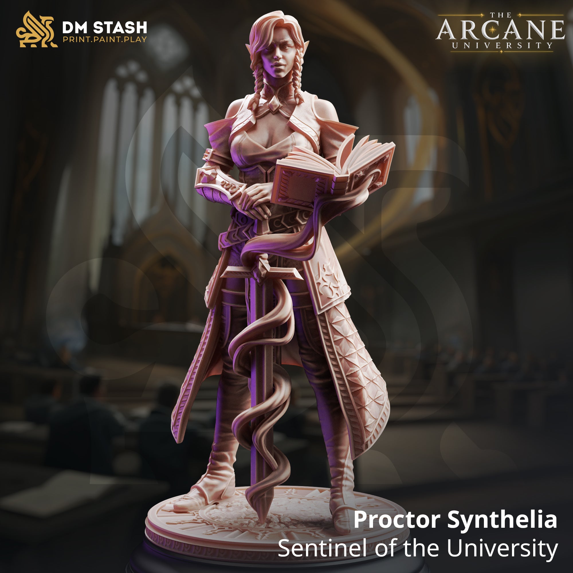 Digital render of Proctor Synthelia miniature by DM Stash — elven female scholar-guardian in a long diamond-quilted academic coat, holding an open tome, with a serpent coiling around a narrow spellblade at her side, set against a blurred arcane university hall background