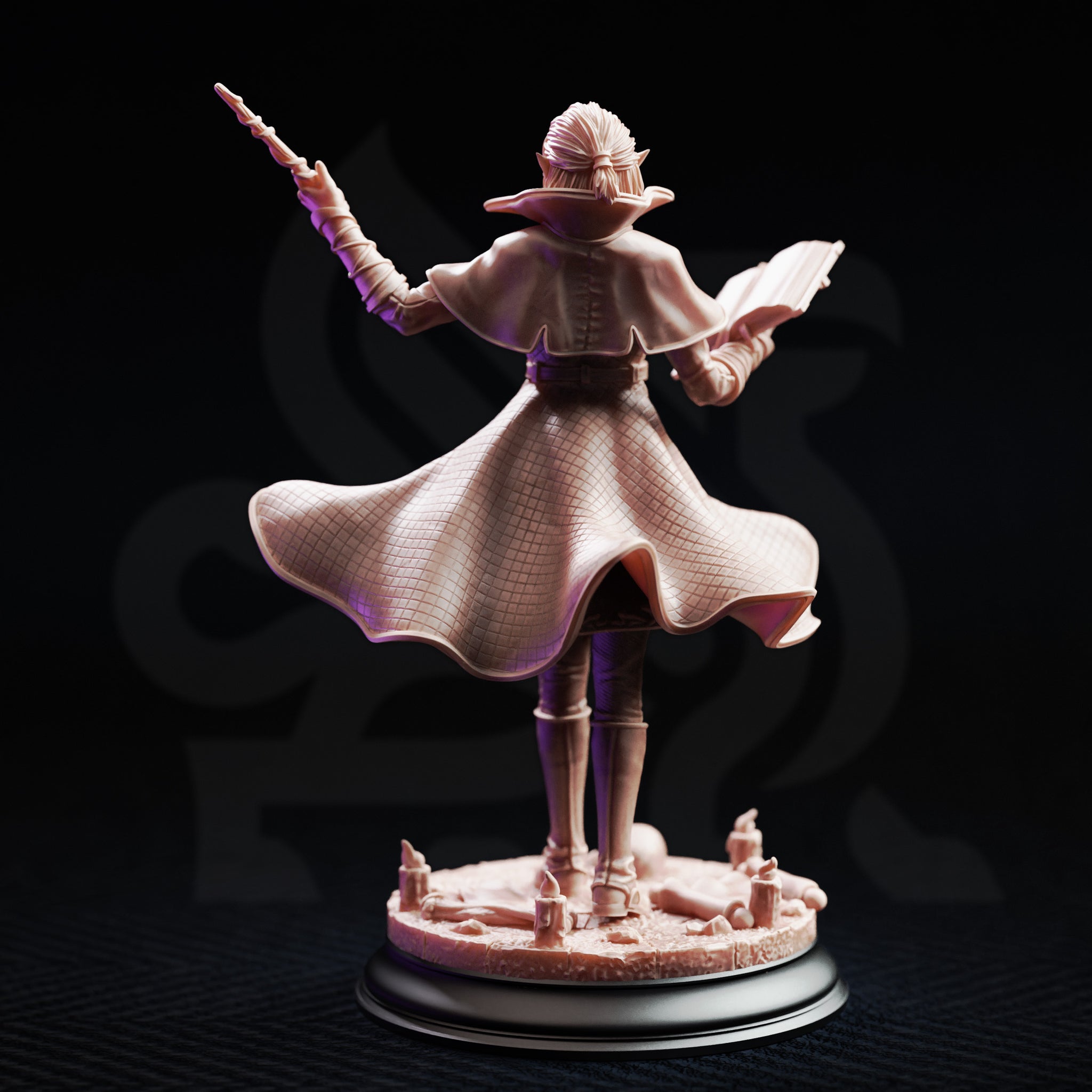 Rear view of unpainted grey resin miniature of Professor Margaux de la Croix — showing the full expanse of her billowing quilted-texture cape, detailed coat back, tied hair with visible elf ear, and the candle-and-bone scenic base