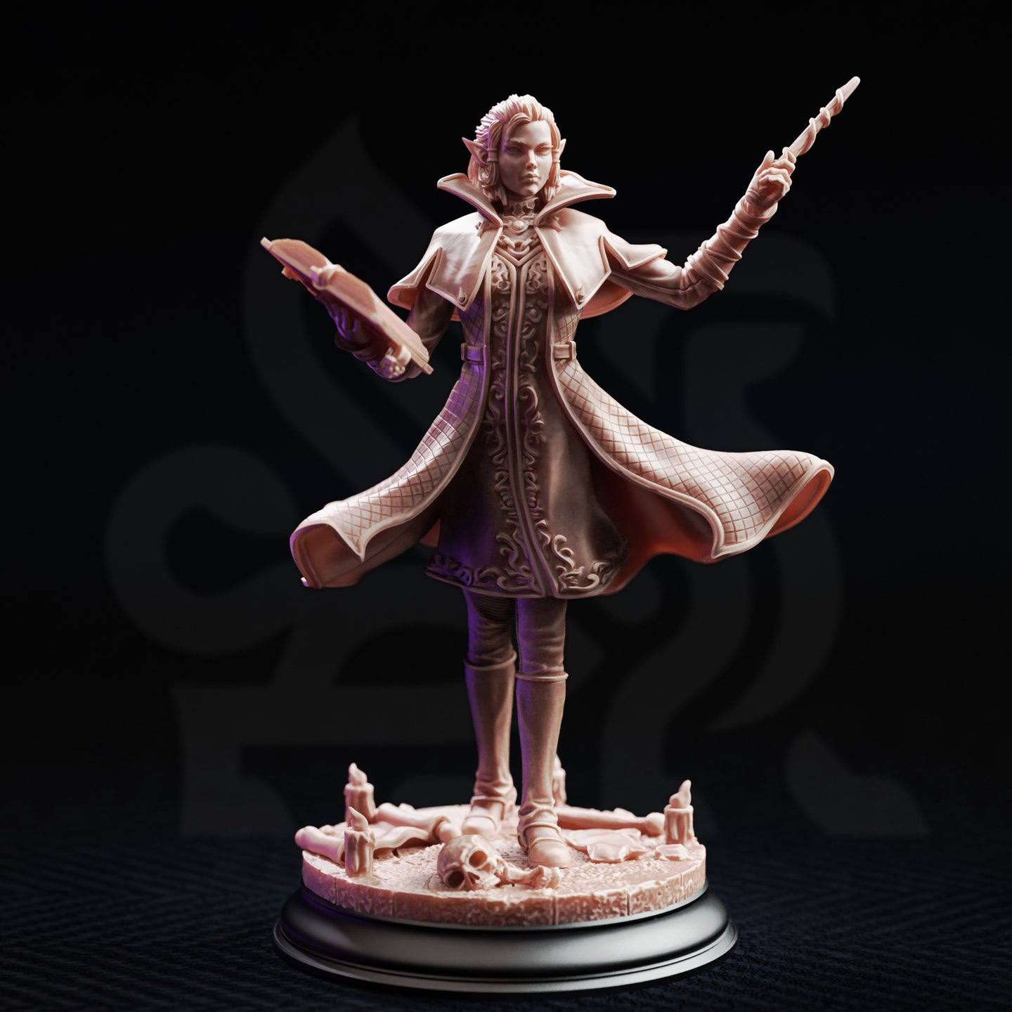 Front view of unpainted grey resin miniature of Professor Margaux de la Croix — elven wizard in ornate long coat with scrollwork trim, cloak swept to one side, wand raised, spellbook open, standing on a scenic base with melted candles and a skull