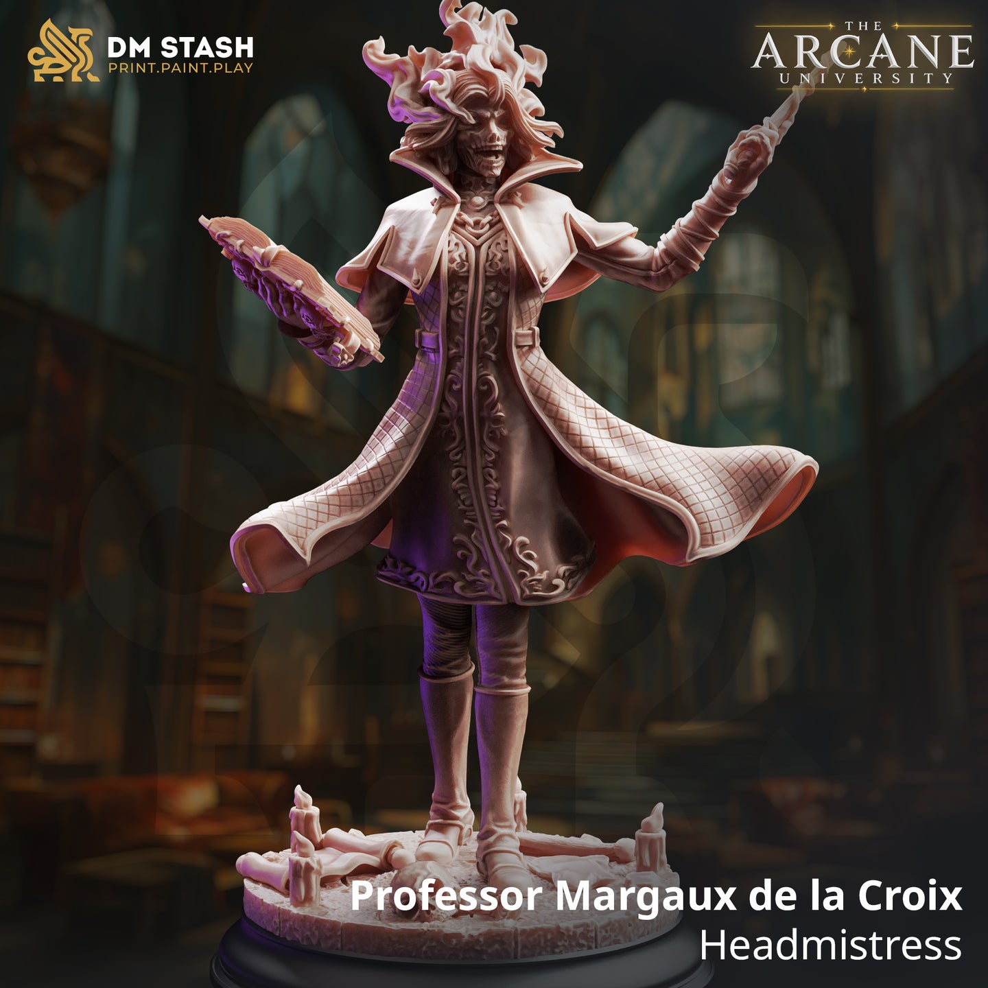 Professor Margaux de la Croix necromancer miniature render — undead headmistress in ornate academic robes, arms outstretched holding a wand and tome, with flame-like hair and a skeletal face, standing on a scenic base of candles and bones