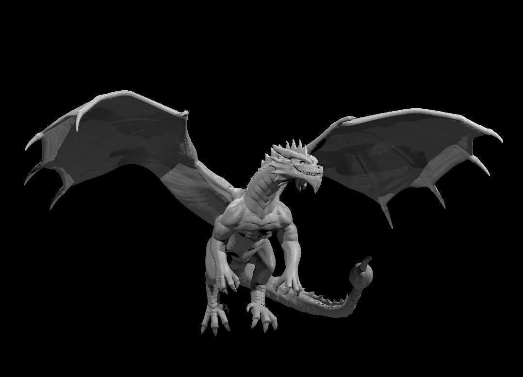 Pseudodragon miniature by MZ4250 in a standing wing-spread pose, both wings fully extended, clawed feet braced, head raised with jaws parted and serrated tail curled outward.