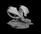 Pseudodragon miniature by MZ4250 crouched low on a faceted geometric base, wings half-furled and swept back, head extended forward with mouth closed in a watchful, predatory posture.