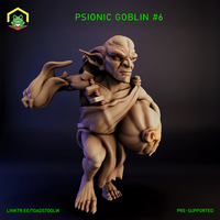 Digital render of Psionic Goblin #6 miniature — a muscular, crouching goblin with one arm raised and a single finger extended in a psionic gesture, wearing tattered wrappings, with a heavy-browed sneering expression, unpainted, no base, 32mm scale