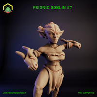 Digital render of Psionic Goblin #7 — a lean female goblin in a dynamic mid-stride pose with both arms extended, fingers splayed in a psionic channelling gesture, hair tied up, wearing minimal wrapped cloth garments, no weapons, sharp focused expression, unpainted tan render on a dark background