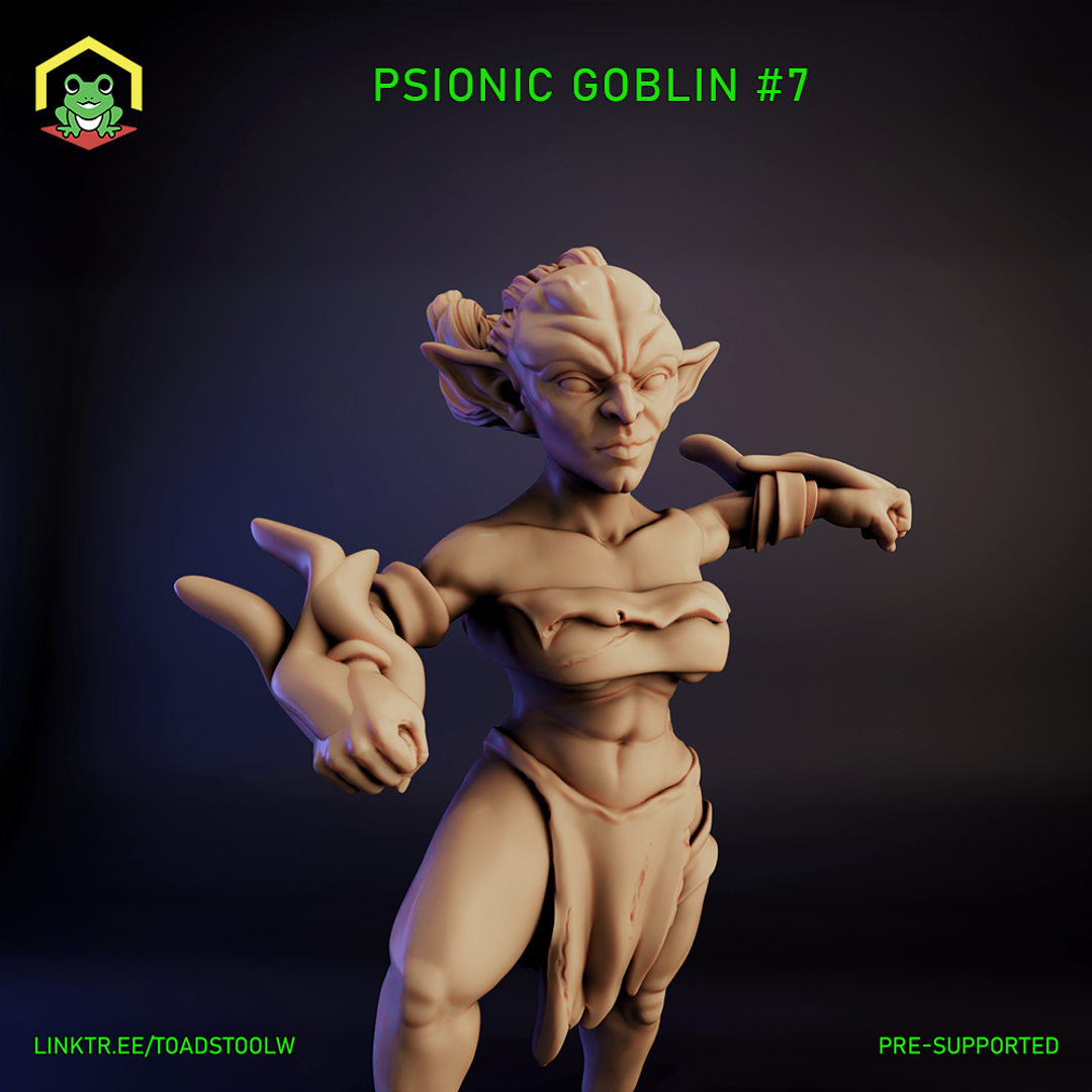Digital render of Psionic Goblin #7 — a lean female goblin in a dynamic mid-stride pose with both arms extended, fingers splayed in a psionic channelling gesture, hair tied up, wearing minimal wrapped cloth garments, no weapons, sharp focused expression, unpainted tan render on a dark background