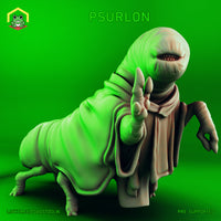 Psurlon miniature by The Toadstool Weaver — a robed, grub-bodied worm-creature with one dark eye socket, one clawed hand extended forward in a deliberate gesture.
