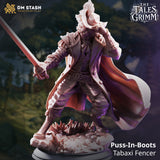 Rear view of the Tabaxi Fencer by DM Stash. Broad flowing cape dominates, showing detailed fabric folds. Rapier visible to the right side, feathered hat visible above the shoulders, scenic base of erupting stone or crystal shards beneath the feet.
