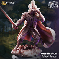 Rear view of the Tabaxi Fencer by DM Stash. Broad flowing cape dominates, showing detailed fabric folds. Rapier visible to the right side, feathered hat visible above the shoulders, scenic base of erupting stone or crystal shards beneath the feet.