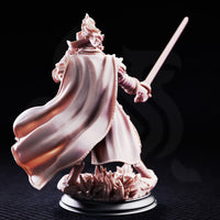 Tabaxi Fencer miniature by DM Stash, shown in a render with a forest backdrop. Felinoid duelist in a broad-brimmed feathered hat and layered coat, lunging forward with a rapier extended, cape billowing. Sculpt by DM Stash.