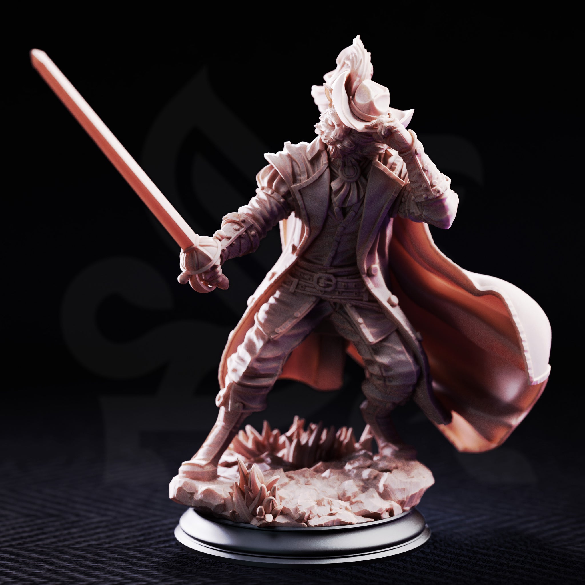 Tabaxi Fencer by DM Stash against a black background. Felinoid swashbuckler in a belted coat and feathered hat, rapier thrust forward in a duelling stance, dramatic cape sweeping to the right, standing on a jagged shard-covered base.