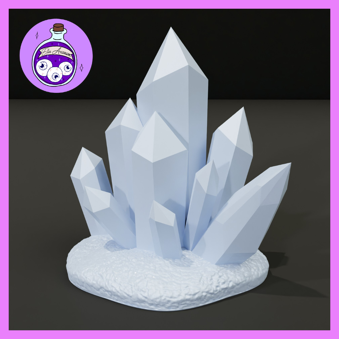 Digital render of a Quartz Crystal Cluster terrain piece — a formation of sharp, faceted crystal spires in pale icy blue-white, rising from a snow-textured oval base. Unpainted grey render shown from a three-quarter angle. Ella's Arcanum Minis logo visible in the top left corner.