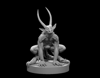 Small horned demon crouching low on all fours, long swept horns, scaled wiry arms, wide-splayed clawed feet, flat snarling face with pointed ears. Sculpt by MZ4250.