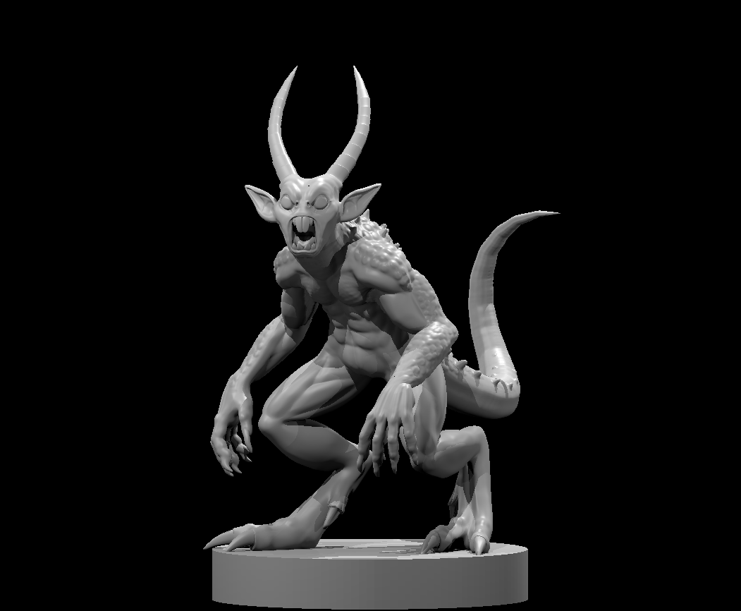 Quasit demon miniature by MZ4250, crouching low with jaws wide open, twin swept horns, long barbed tail, scaled shoulders, and hooked talons on hands and feet.
