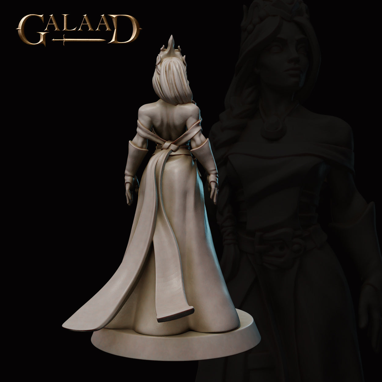 Rear view of the same unpainted grey resin miniature showing the detailed back of a flowing belted robe, trailing fabric, and the horned headdress from behind — Queen to Guard 01 by Galaad Miniatures