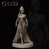 Front view of an unpainted grey resin miniature of a robed female figure with a horned headdress, long braided hair, off-shoulder flowing gown belted at the waist, and an open-handed standing pose on a round display base — Queen to Guard 01 by Galaad Miniatures