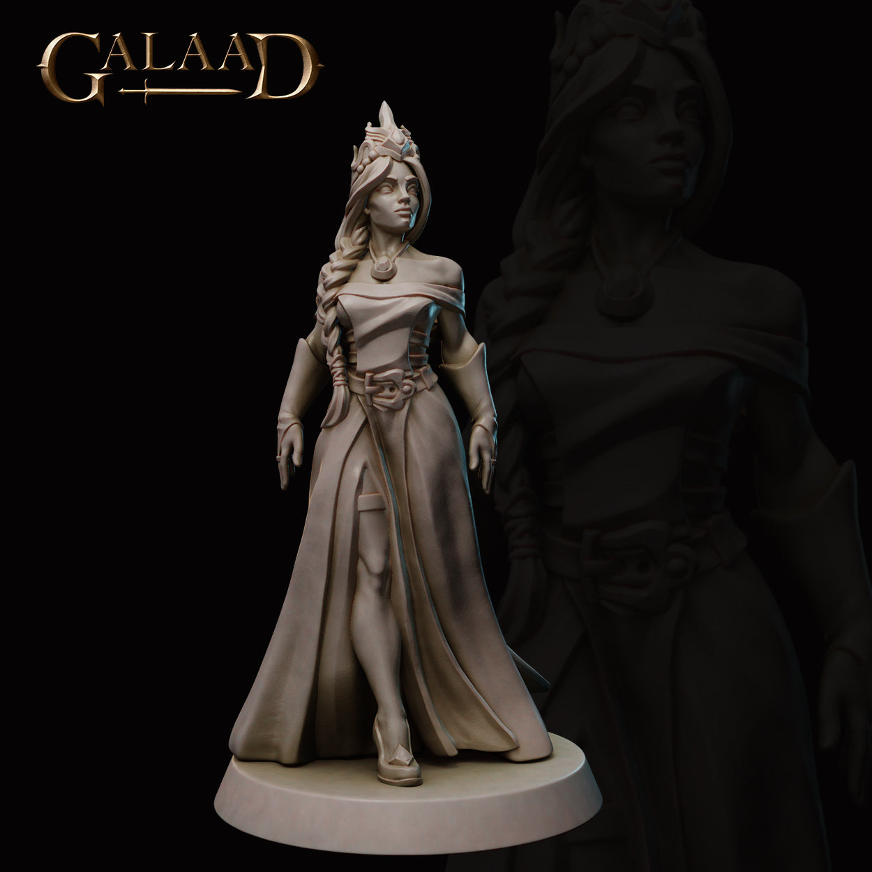 Front view of an unpainted grey resin miniature of a robed female figure with a horned headdress, long braided hair, off-shoulder flowing gown belted at the waist, and an open-handed standing pose on a round display base — Queen to Guard 01 by Galaad Miniatures