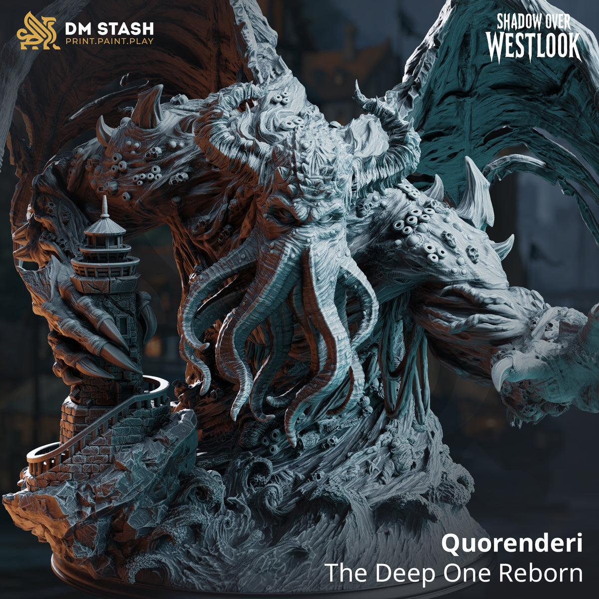 Rear view of Quorenderi by DM Stash showing two enormous ragged leathery wings fully extended, the creature's ridged back covered in pitted texture, with the lighthouse tower and tiny figures visible at the base amid sculpted seafoam.