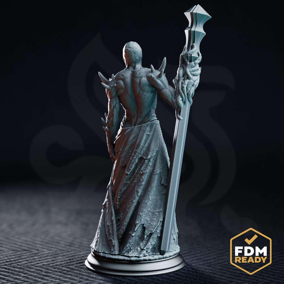 Close front view of the Awakened Priest of the Deep One, showing the intricate single cyclopean eye, exposed ribbed torso, layered torn robes, and the staff topped with a geometric angular head. DM Stash sculpt.