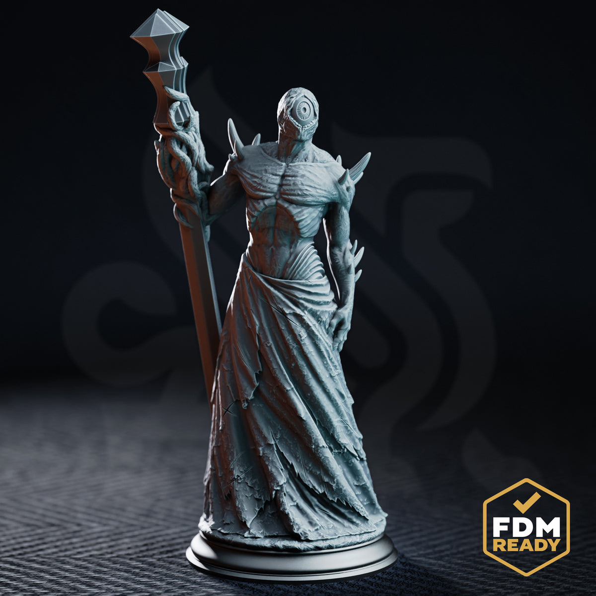Gaunt cyclopean priest miniature standing upright, raising a tentacle-wrapped staff aloft, tattered robes hanging in strips, chitinous shoulder spines, single large eye where the face should be. DM Stash sculpt.