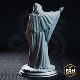 Cultist figure seen from behind, deep folds of layered robes trailing to the base, one arm extended upward and outward, cowl gathered at the neck, ragged hem detail at the bottom of the robe. Sculpt by DM Stash.