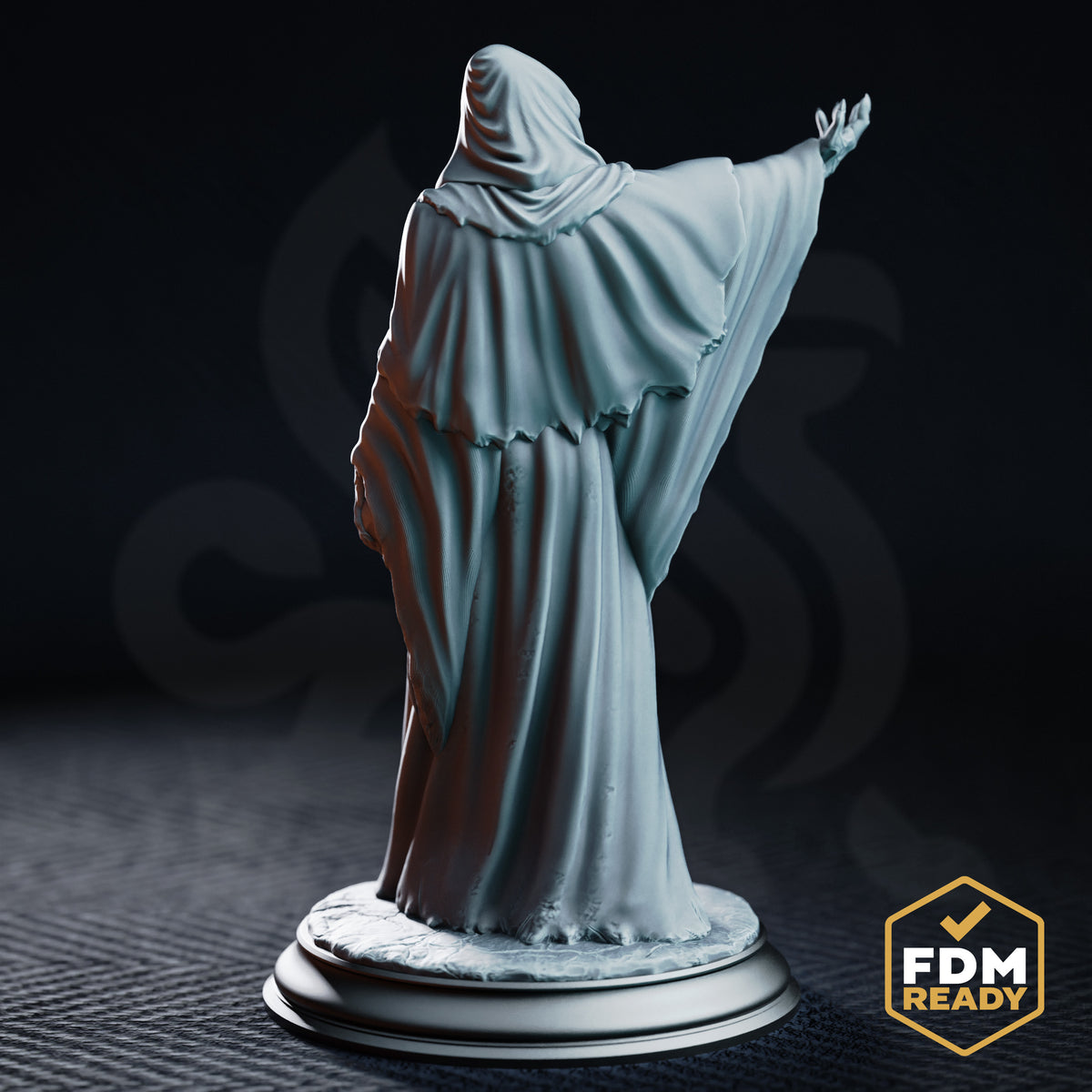 Cultist figure seen from behind, deep folds of layered robes trailing to the base, one arm extended upward and outward, cowl gathered at the neck, ragged hem detail at the bottom of the robe. Sculpt by DM Stash.