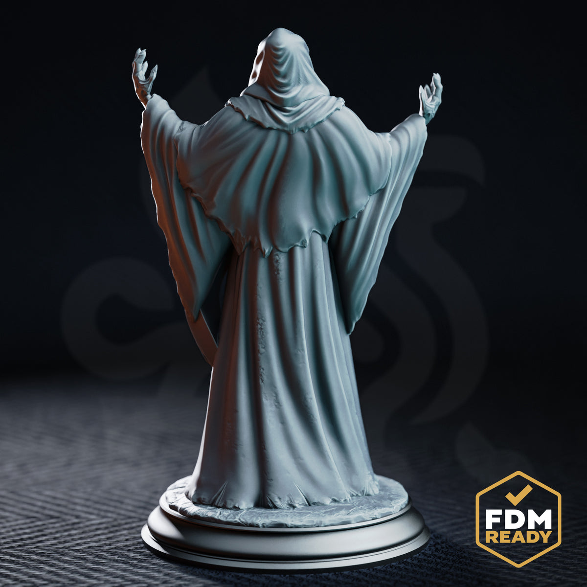 Robed cultist figure seen from behind, hood drawn up, wide sleeves and tattered robe hem billowing outward, clawed hands raised at either side, standing on a sculpted scenic base. Sculpt by DM Stash.