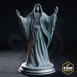 Gaunt robed cultist with arms raised and clawed fingers spread wide, wearing a deep hood over a skeletal grinning face, rope-belted tattered robes, on a sculpted scenic base. Sculpt by DM Stash.