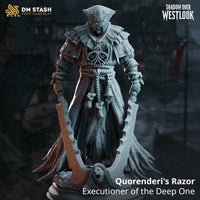 Rear view of the executioner showing a multi-layered ruffled collar, braided rope belt, frayed and ragged robe hem, and armoured bracers wrapped in cord, each hand gripping a blade handle. Sculpt by DM Stash.