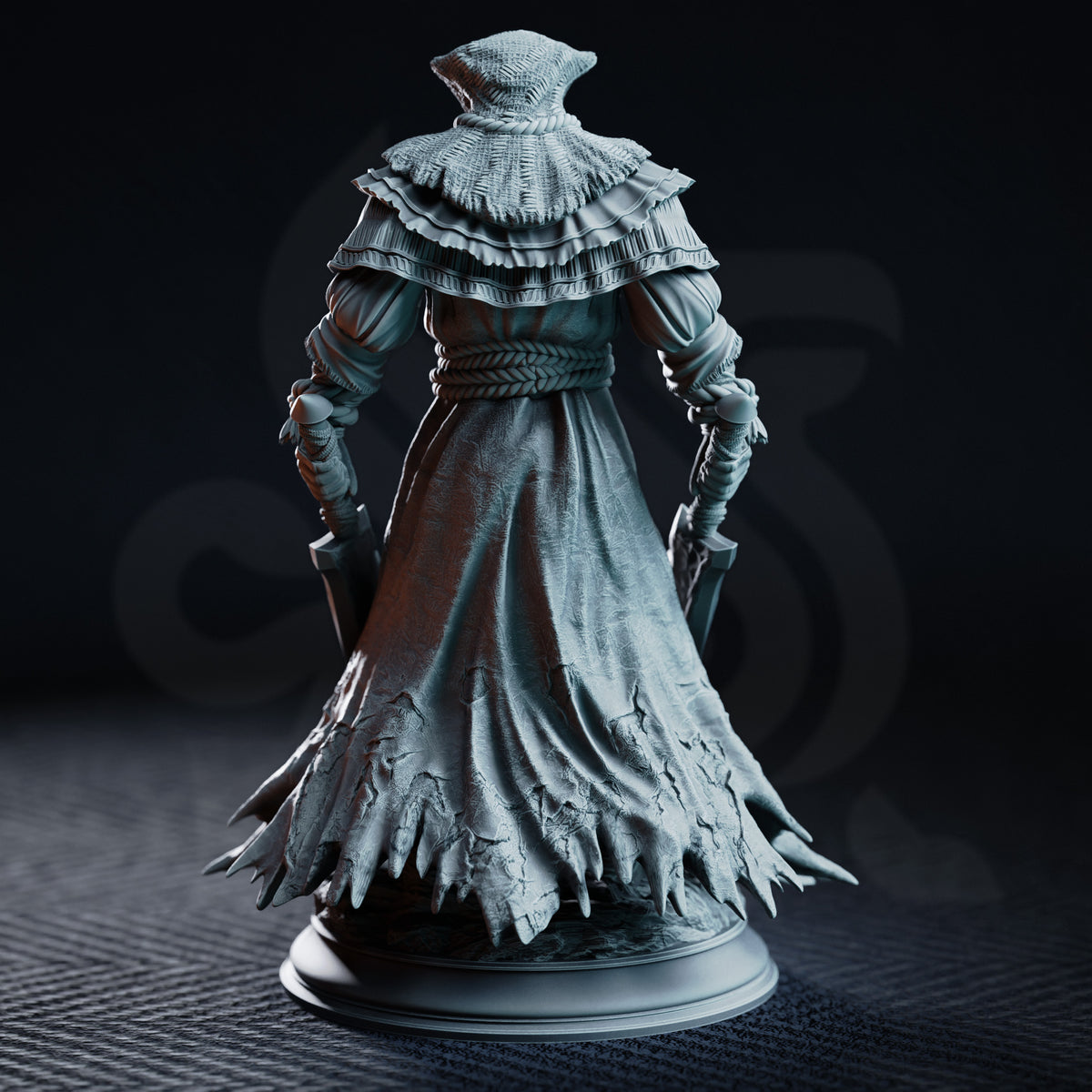 Imposing robed figure in a tightly wound hood carrying twin asymmetric blades — one cleaver-like, one curved — with segmented pauldrons and knotted rope sash, standing on a rubble and severed head base. Sculpt by DM Stash.