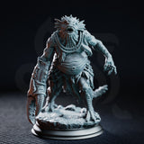 Fish-headed aberration with spined crest and open jaws, one arm a serrated crab claw, the other reaching with hooked claws, rope coiled at neck, standing on a cracked stone scenic base. Sculpt by DM Stash.
