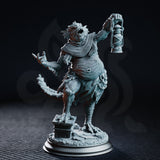 Bloated fish-headed aberration standing on one taloned foot, raising a battered lantern in one clawed hand while the other reaches outward with splayed claws. Wrapped in ragged cloth and chain, the bulging torso is covered in pustules and scales. Sculpt by DM Stash.