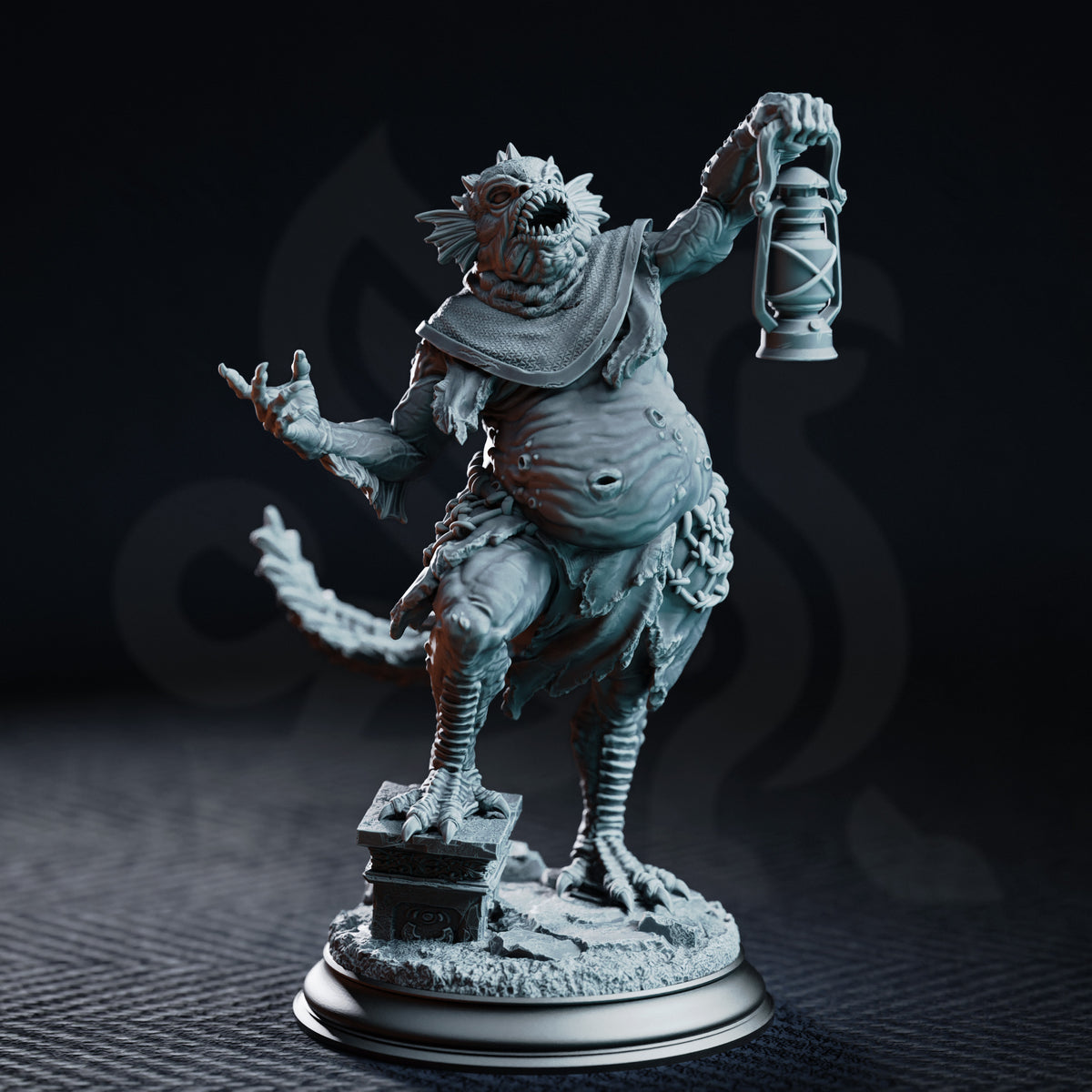 Bloated fish-headed aberration standing on one taloned foot, raising a battered lantern in one clawed hand while the other reaches outward with splayed claws. Wrapped in ragged cloth and chain, the bulging torso is covered in pustules and scales. Sculpt by DM Stash.