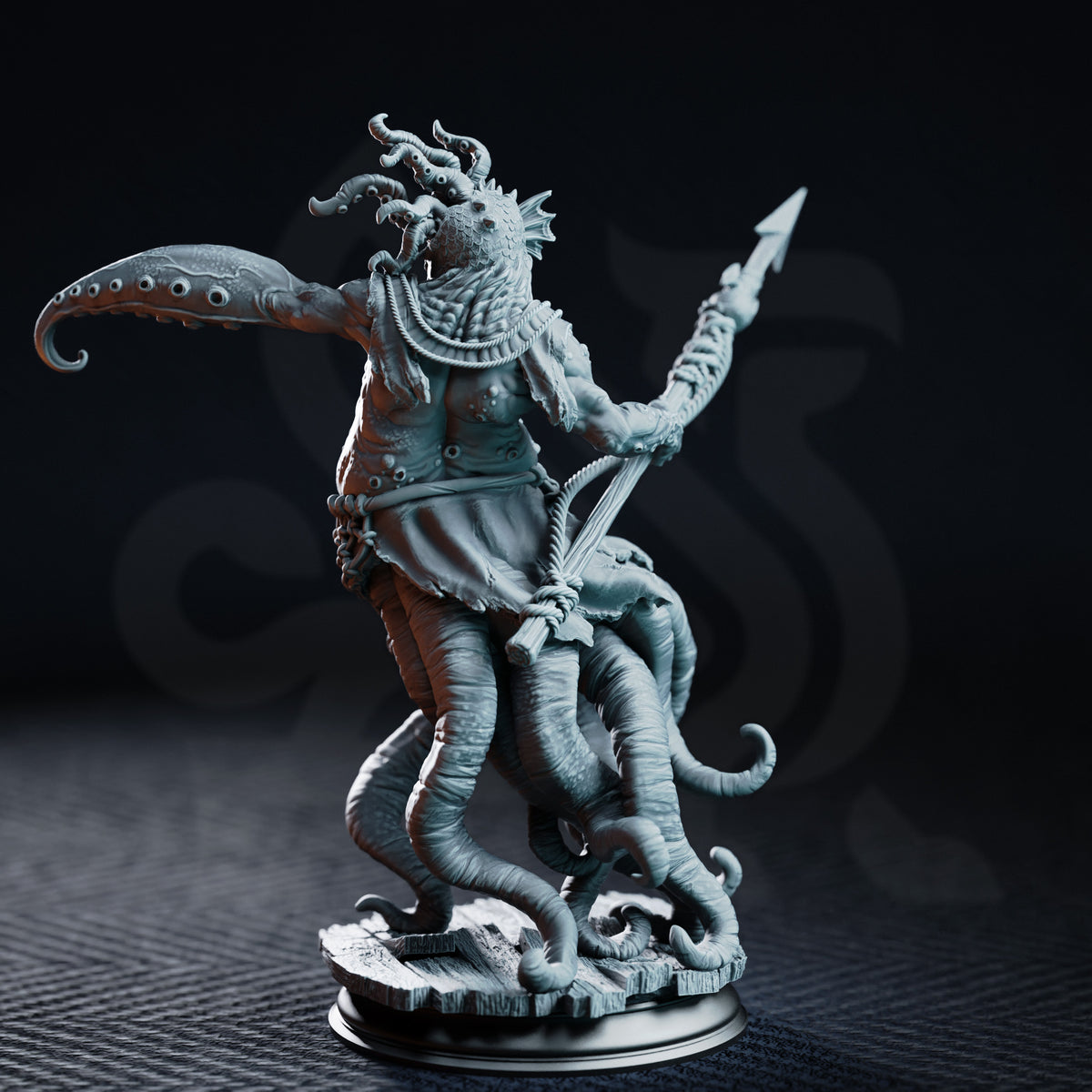 Rear-facing view of a tentacled aberration warrior gripping a bone spear, thick sucker-lined tentacle sweeping outward, rope-wrapped torso, humanoid legs, weathered timber plank base. Sculpt by DM Stash.