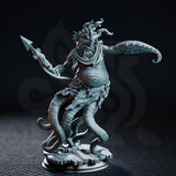 Tentacled humanoid aberration lunging forward with a bone-tipped spear, crown of writhing tentacles, wide fanged maw, rope cordage across chest, standing on a weathered plank base. Sculpt by DM Stash.