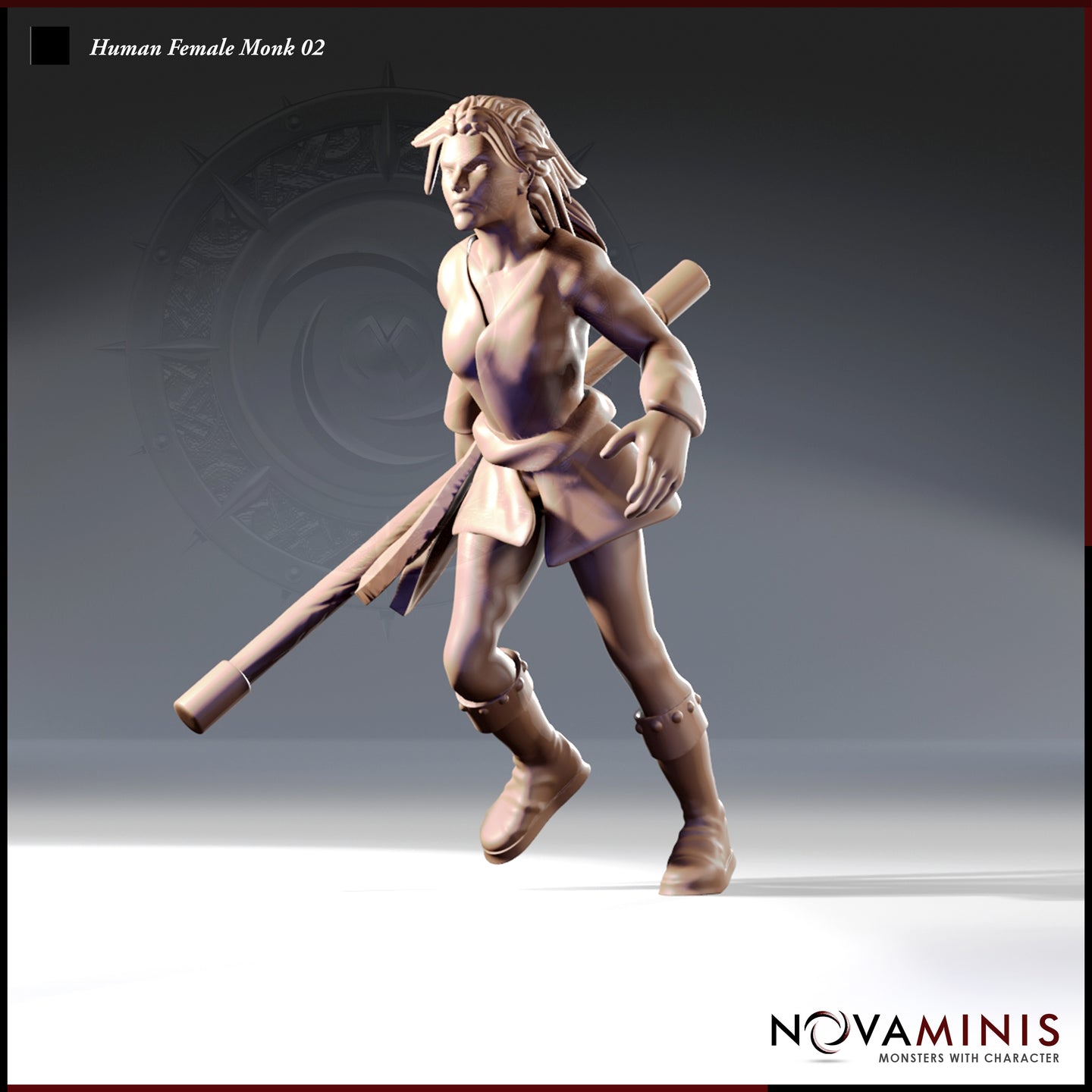 Front three-quarter render of an unpainted 32mm Human Female Monk miniature, mid-stride with a quarterstaff slung diagonally across her back, wearing minimal cloth wraps, wrist guards, and knee-high buckled boots, with dreadlocked hair swept back