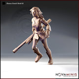 Front three-quarter render of an unpainted 32mm Human Female Monk miniature, mid-stride with a quarterstaff slung diagonally across her back, wearing minimal cloth wraps, wrist guards, and knee-high buckled boots, with dreadlocked hair swept back