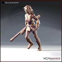 Front three-quarter render of an unpainted 32mm Human Female Monk miniature, mid-stride with a quarterstaff slung diagonally across her back, wearing minimal cloth wraps, wrist guards, and knee-high buckled boots, with dreadlocked hair swept back