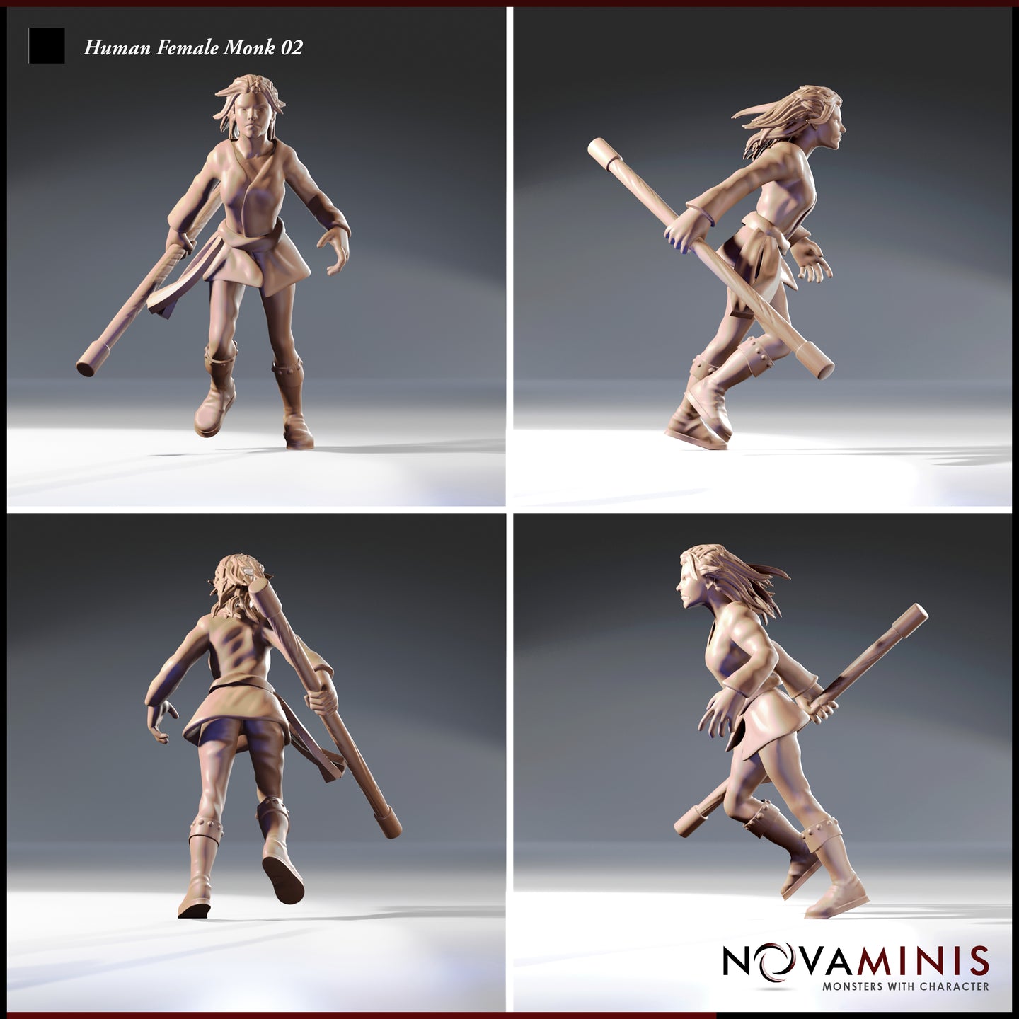 Four-angle render sheet of the unpainted Human Female Monk 02 miniature showing front, side, rear, and three-quarter views, highlighting the dynamic walking pose, quarterstaff carry, dreadlock hair detail, and athletic build