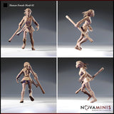 Four-angle render sheet of the unpainted Human Female Monk 02 miniature showing front, side, rear, and three-quarter views, highlighting the dynamic walking pose, quarterstaff carry, dreadlock hair detail, and athletic build