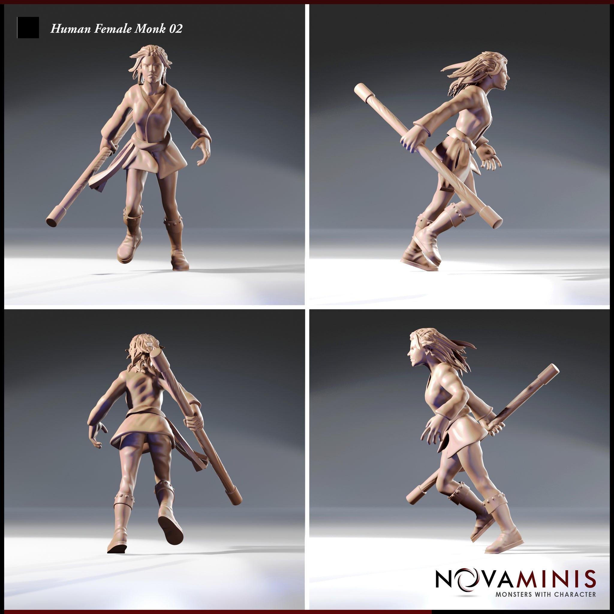 Four-angle render sheet of the unpainted Human Female Monk 02 miniature showing front, side, rear, and three-quarter views, highlighting the dynamic walking pose, quarterstaff carry, dreadlock hair detail, and athletic build