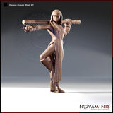 Digital render of an unpainted Human Female Monk miniature, front view — dynamic combat pose with one knee raised, bo staff carried across both shoulders in a wide grip, free hand extended forward with fingers spread, wearing a split-front embossed robe with braided plait and wrapped forearm bindings, 32mm scale by Novaminis