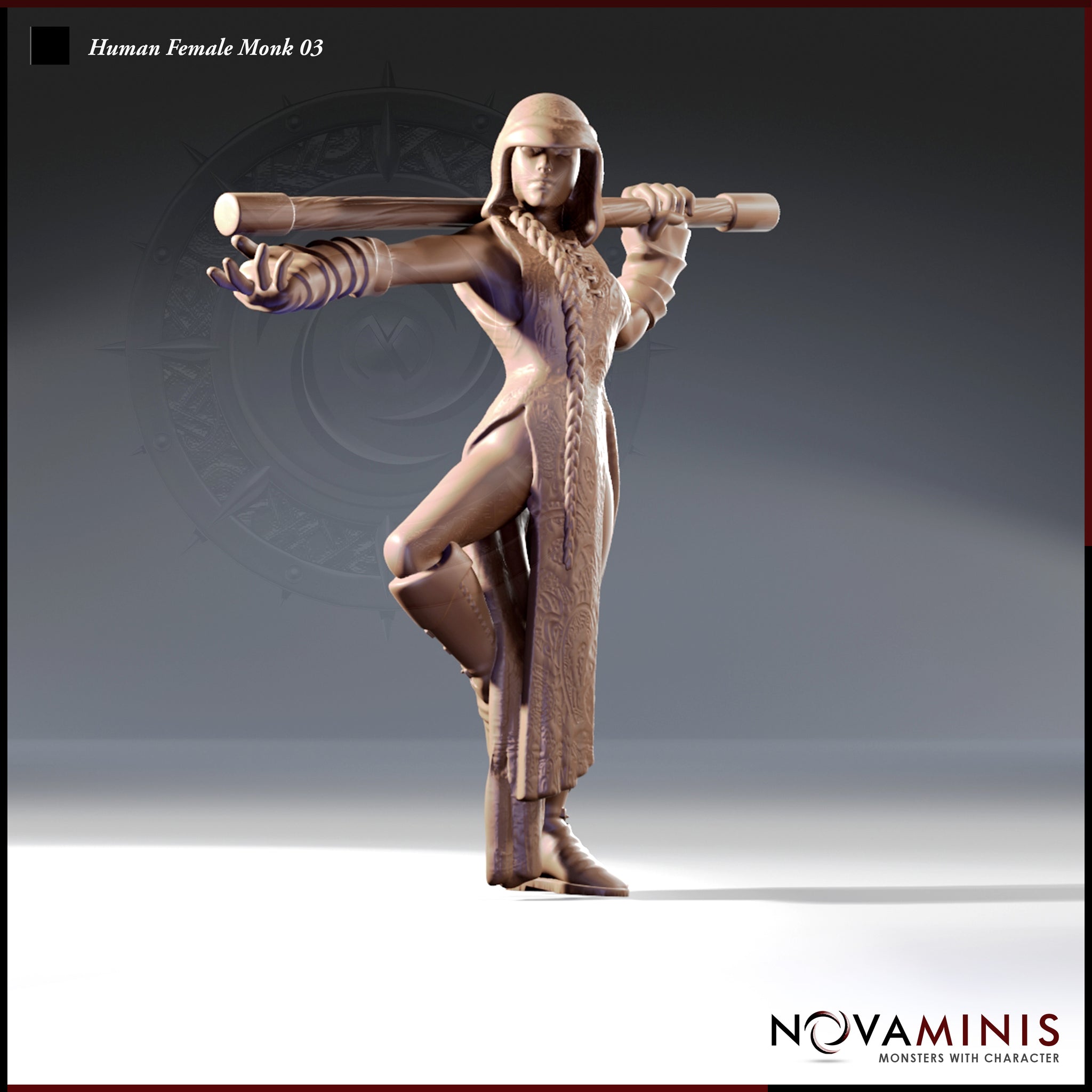 Digital render of an unpainted Human Female Monk miniature, front view — dynamic combat pose with one knee raised, bo staff carried across both shoulders in a wide grip, free hand extended forward with fingers spread, wearing a split-front embossed robe with braided plait and wrapped forearm bindings, 32mm scale by Novaminis