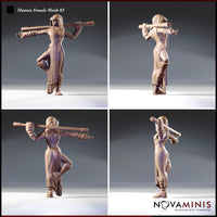 Digital render of an unpainted Human Female Monk miniature shown from four angles — front, back, three-quarter rear, and side — revealing the full length of the bo staff, deeply textured robe, laced boots, and raised-knee combat stance from all perspectives, 32mm scale by Novaminis