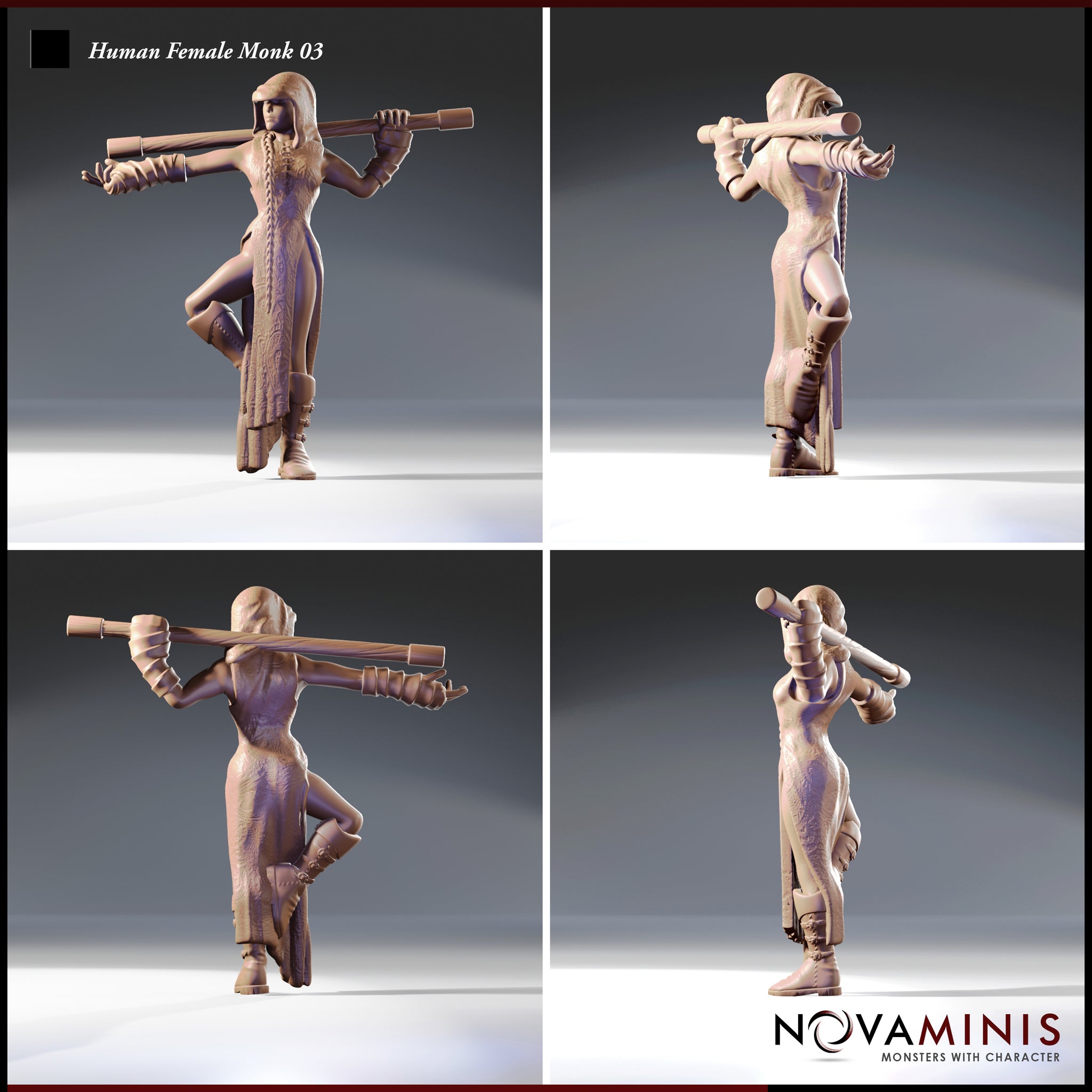 Digital render of an unpainted Human Female Monk miniature shown from four angles — front, back, three-quarter rear, and side — revealing the full length of the bo staff, deeply textured robe, laced boots, and raised-knee combat stance from all perspectives, 32mm scale by Novaminis