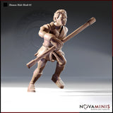 Digital render of an unpainted Human Male Monk miniature in 32mm scale, shown in a dynamic side-on combat pose. The bare-chested male figure grips a diagonal quarterstaff with both hands, rope-wound at the centre, with one knee raised mid-stride and an expression of focused aggression. Simple cloth trousers, rope belt, and sturdy boots complete the look.